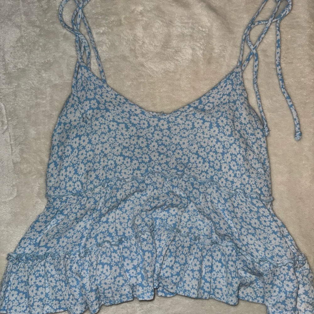 SO Blue and White Tie Front Peplum Camisole